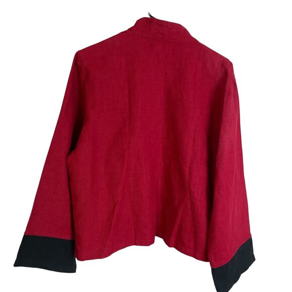 Peaccock Ways Linen Jacket Womens Red Black Chinese Coin Oriental Open Front - Picture 2 of 8
